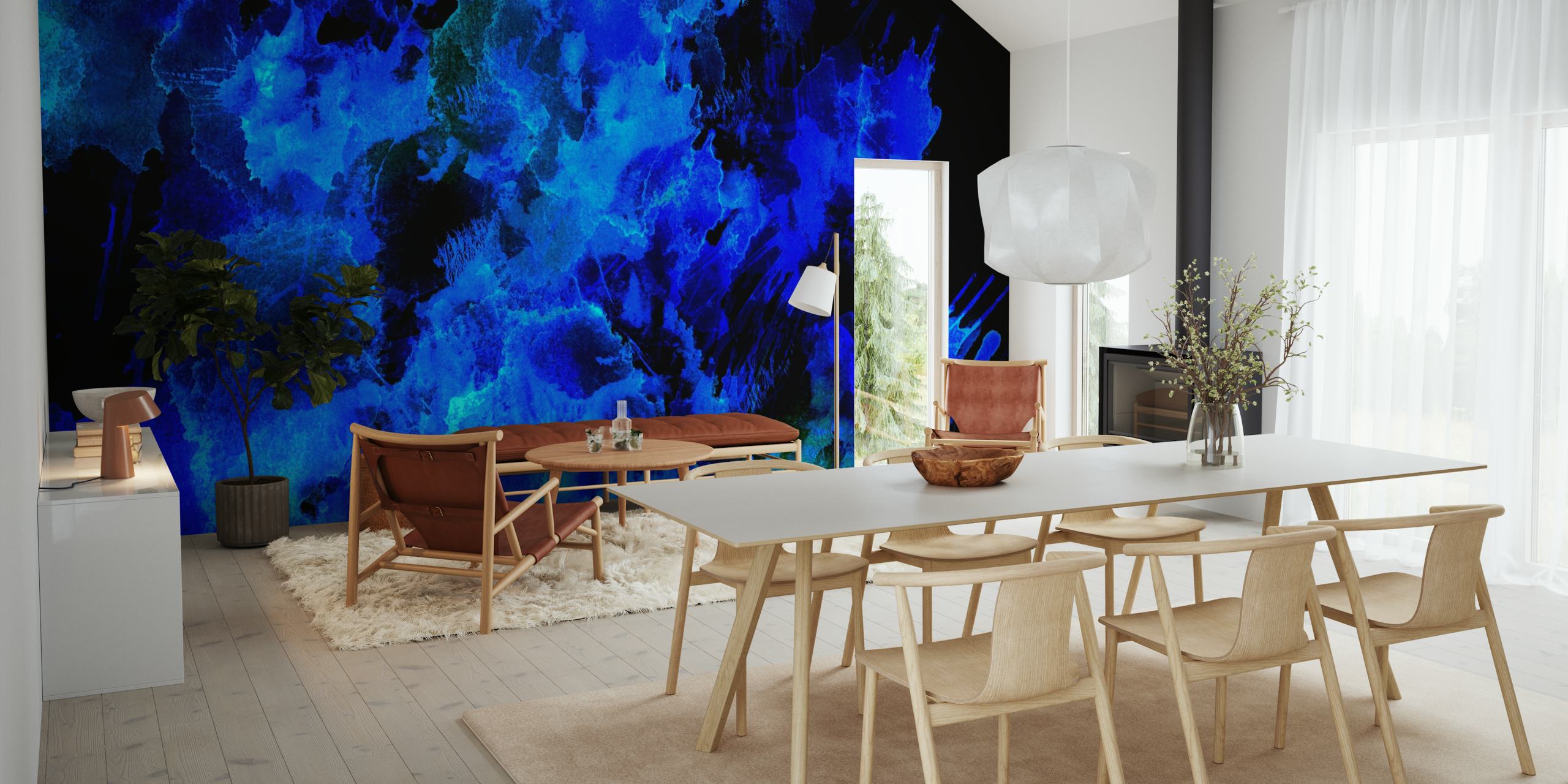 Abstract blue splash patterns on black wallpaper